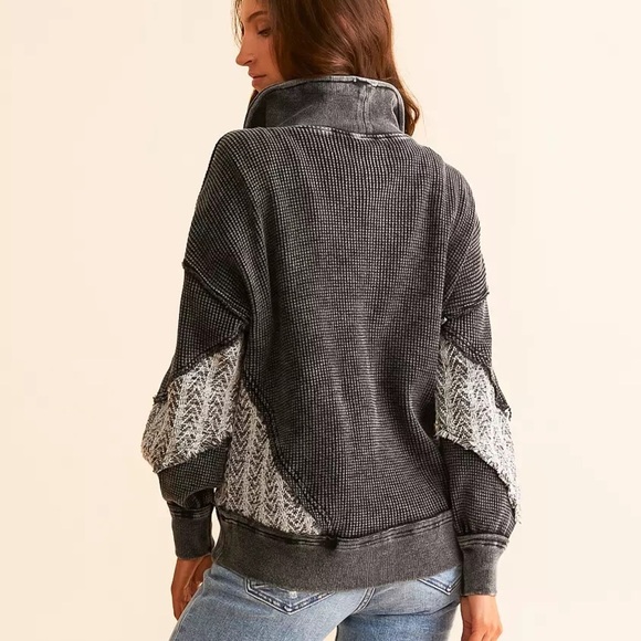 BKE Quarter Zip Pieced Pullover Washed Black Buckle XL Thermal Waffle Knit - Picture 3 of 9